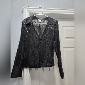 Black Sequin Button-Up Blouse